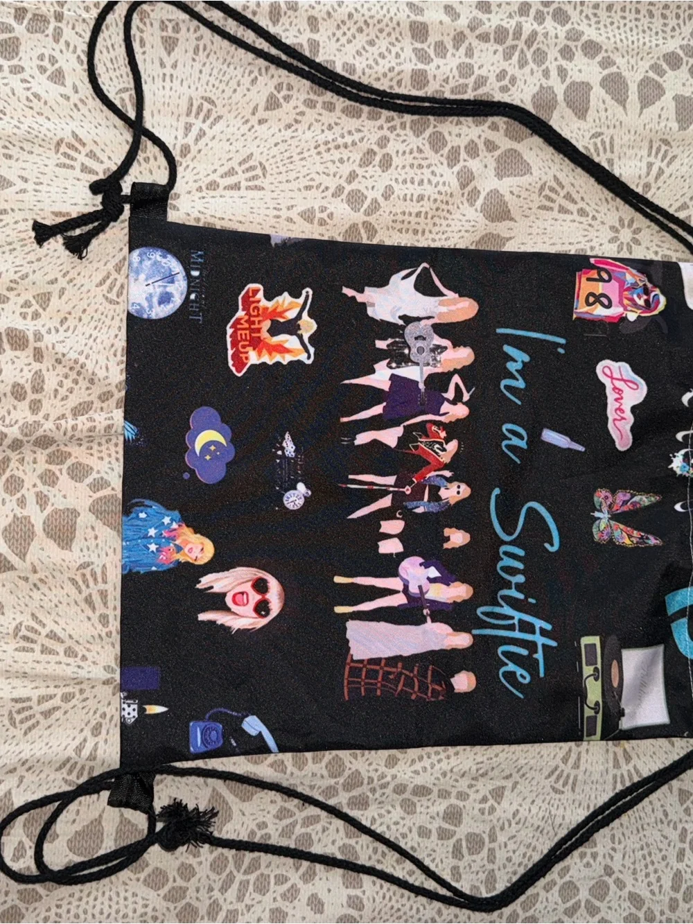 Black Graphic Drawstring Backpack - Women's Bag